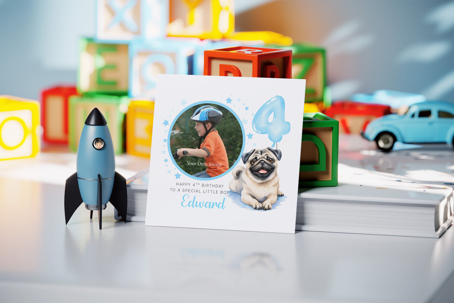 Personalised Photo 4 Years Old 4th Birthday Card for Boys – Pug Dog Design with Custom Name & Message - Age 4 Birthday Card for Boy, Dog Lover, Kids, Son, Grandson Nephew with Blue Envelope