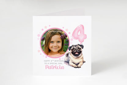Personalised Photo 4 Years Old 4th Birthday Card for Girls – Pug Dog Design with Custom Name & Message - Age 4 Magical Birthday Card for Dog Lover, Kids Daughter Granddaughter Niece with Pink Envelope