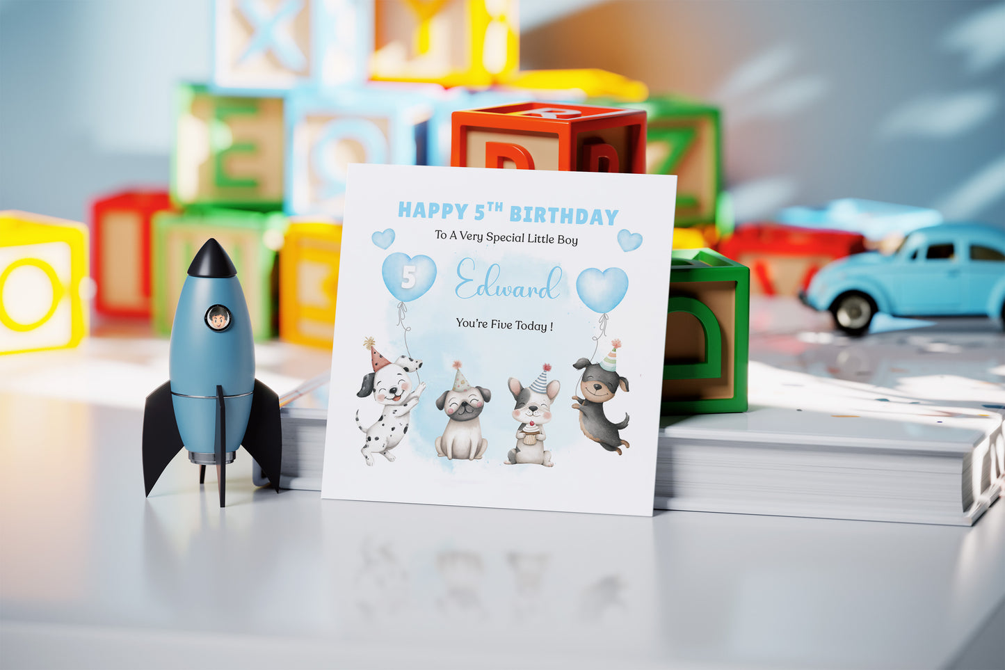Personalised 5th Birthday Card for Boys – Cute Puppy Dogs Design with Custom Name and Message, Age 5 Years Old Birthday Card for Kids, Children, Boy, Son, Grandson, Nephew– Blue Envelope Included