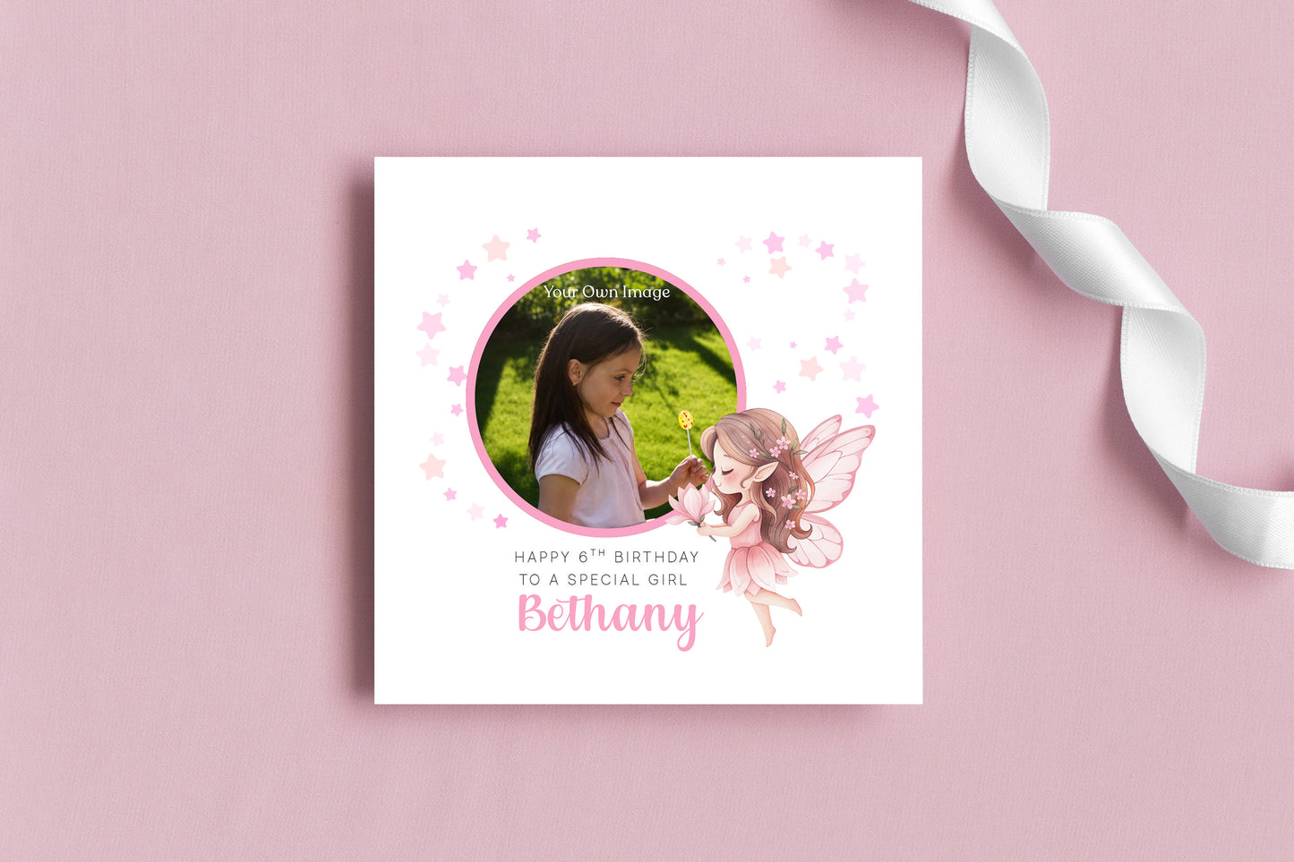 Personalised Photo 6 Years Old 6th Birthday Card for Girls – Fairy Design with Custom Name & Message - Age 6 Birthday Card for Kids Daughter Granddaughter Niece - Pink Envelope Included