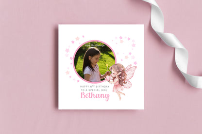 Personalised Photo 6 Years Old 6th Birthday Card for Girls – Fairy Design with Custom Name & Message - Age 6 Birthday Card for Kids Daughter Granddaughter Niece - Pink Envelope Included
