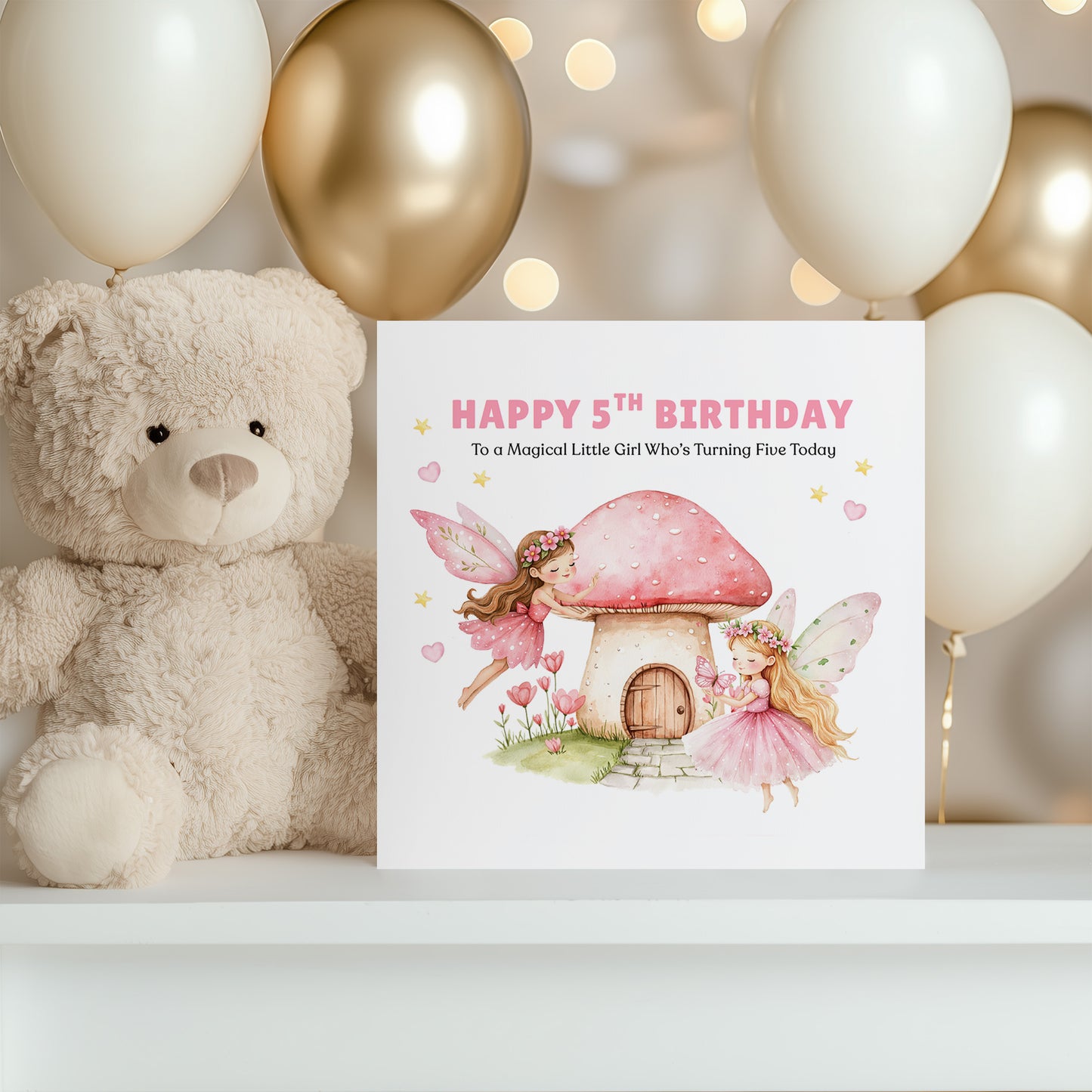 Fairy 5 Years Old 5th Birthday Card for Girls – Magical Fairy and Mushroom House Design for Age 5 Kids, Children, Daughter, Granddaughter, Niece - Pink Envelope Included
