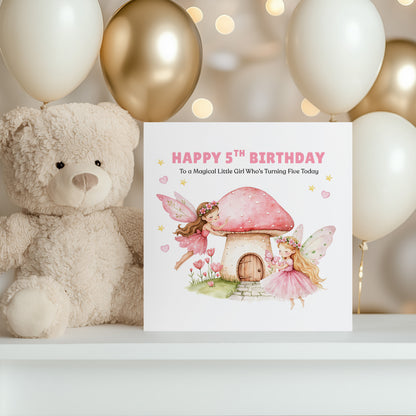 Fairy 5 Years Old 5th Birthday Card for Girls – Magical Fairy and Mushroom House Design for Age 5 Kids, Children, Daughter, Granddaughter, Niece - Pink Envelope Included