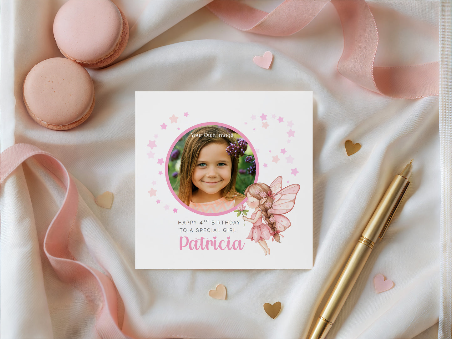 Personalised Photo 4 Years Old 4th Birthday Card for Girls – Fairy Design with Custom Name & Message - Age 4 Magical Birthday Card for Kids Daughter Granddaughter Niece with Pink Envelope