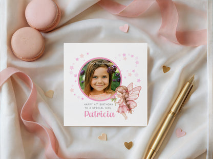 Personalised Photo 4 Years Old 4th Birthday Card for Girls – Fairy Design with Custom Name & Message - Age 4 Magical Birthday Card for Kids Daughter Granddaughter Niece with Pink Envelope