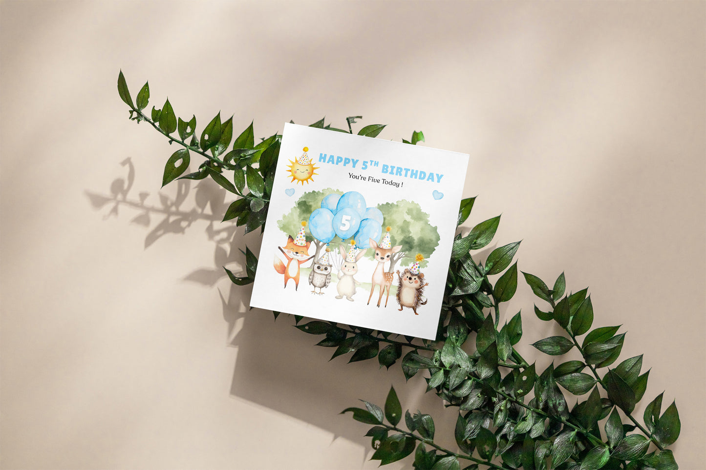 Woodland Animals 5th Birthday Card for Boys – Forest Animals Design Birthday Card for Age 5 Years Old Boy, Kids, Children, Son, Grandson, Nephew – Blue Envelope Included