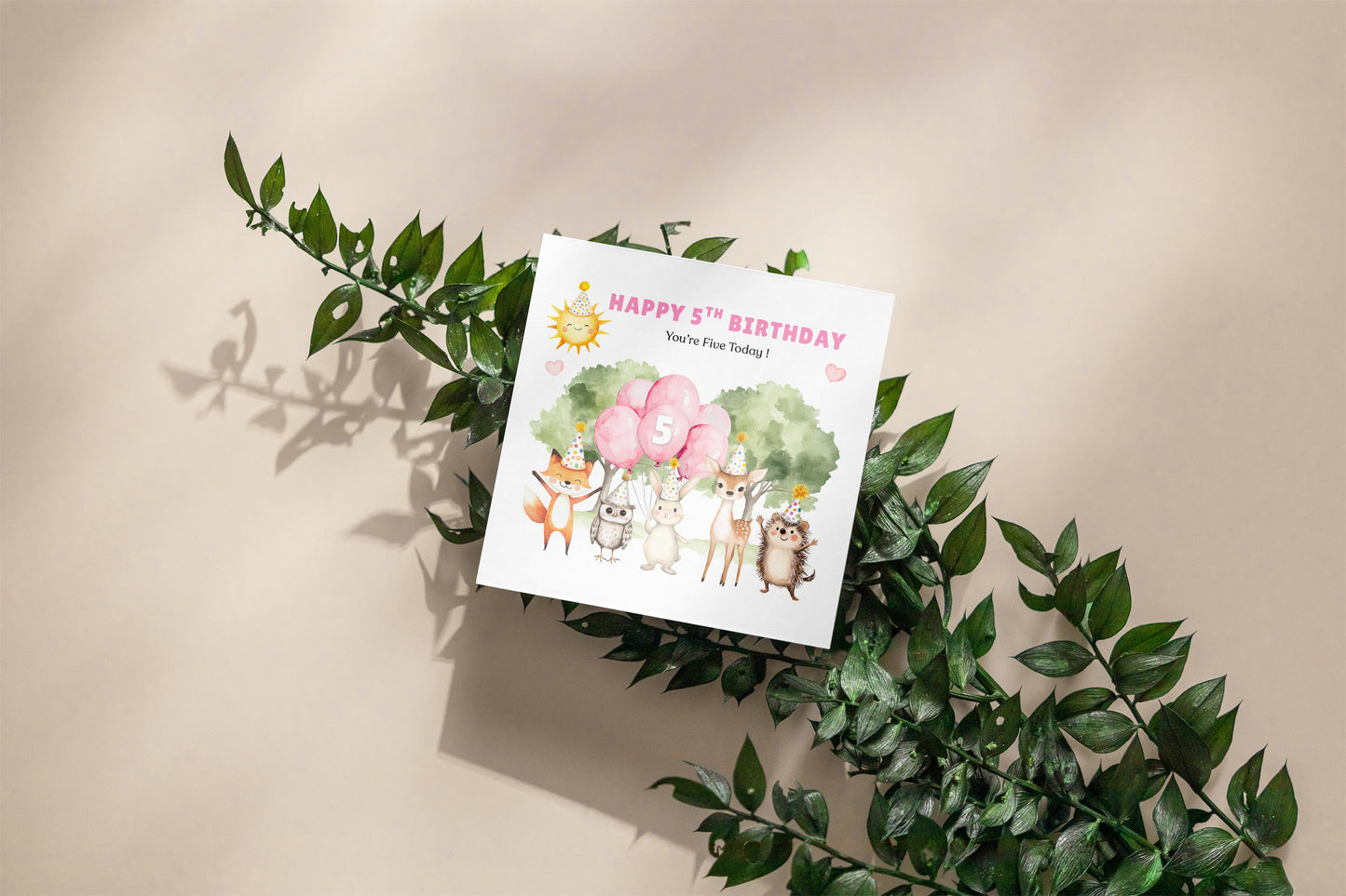 Woodland Animals 5th Birthday Card for Girls – Forest Animals Design Birthday Card for Age 5 Years Old Girl, Kids, Daughter, Granddaughter, Niece – Pink Envelope Included