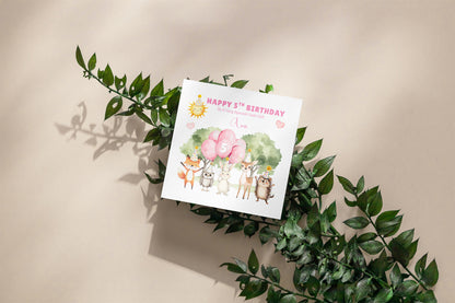 Personalised 5th Birthday Card for Girls – Woodland Animals Design with Custom Name and Message – Age 5 Years Old Birthday Card for Girls, Kids, Daughter, Granddaughter, Niece – Pink Envelope Included
