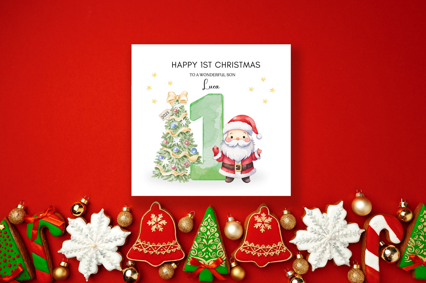 Personalised 1st Christmas Card for Baby Boy – Cute Santa and Christmas Tree Design with Customised Name & Message, Watercolor First Xmas Card for Son, Grandson, Nephew - Green Envelope Included