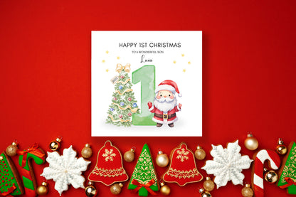 Personalised 1st Christmas Card for Baby Boy – Cute Santa and Christmas Tree Design with Customised Name & Message, Watercolor First Xmas Card for Son, Grandson, Nephew - Green Envelope Included