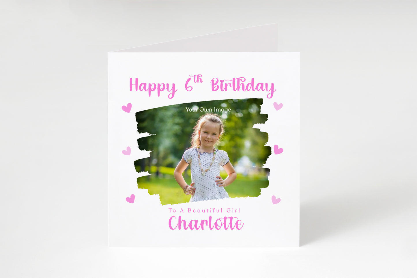 Personalised Photo 6 Years Old 6th Birthday Card for Girls – Brush-stroke Photo Frame with Custom Name & Message - Age 6 Birthday Card for Kids Daughter Granddaughter Niece - Pink Envelope Included