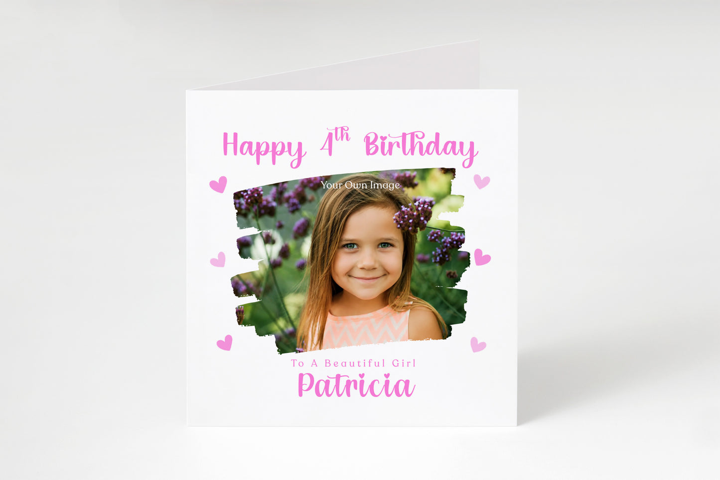 Personalised Photo 4 Years Old 4th Birthday Card for Girls – Brush-Stroke Photo Frame with Custom Name & Message - Age 4 Magical Birthday Card for Kids Daughter Granddaughter Niece with Pink Envelope