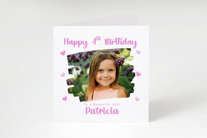 Personalised Photo 4 Years Old 4th Birthday Card for Girls – Brush-Stroke Photo Frame with Custom Name & Message - Age 4 Magical Birthday Card for Kids Daughter Granddaughter Niece with Pink Envelope