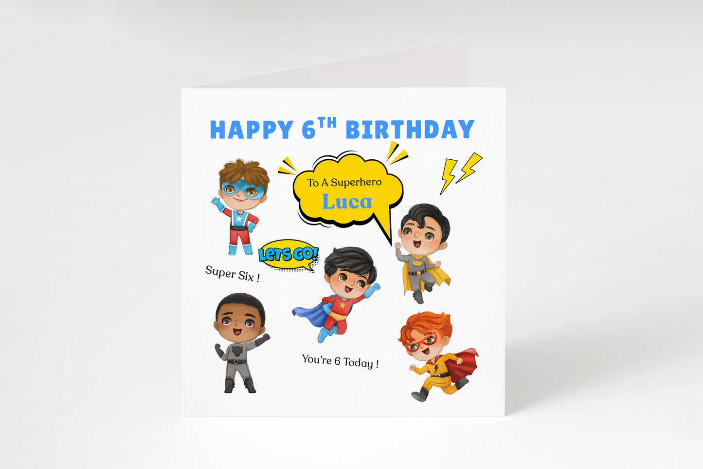 Personalised 6th Birthday Card for Superhero Boys – Superhero Design with Custom Name and Message, Age 6 Years Old Birthday Card for Kids, Children, Boy, Son, Grandson, Nephew– Blue Envelope Included