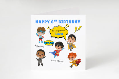 Personalised 6th Birthday Card for Superhero Boys – Superhero Design with Custom Name and Message, Age 6 Years Old Birthday Card for Kids, Children, Boy, Son, Grandson, Nephew– Blue Envelope Included
