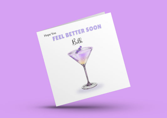 Lavender Cocktail -Personalised Hope You Feel Better Soon Folded Card, Get Well Card, Thinking of You Card, Sympathy Folded Card