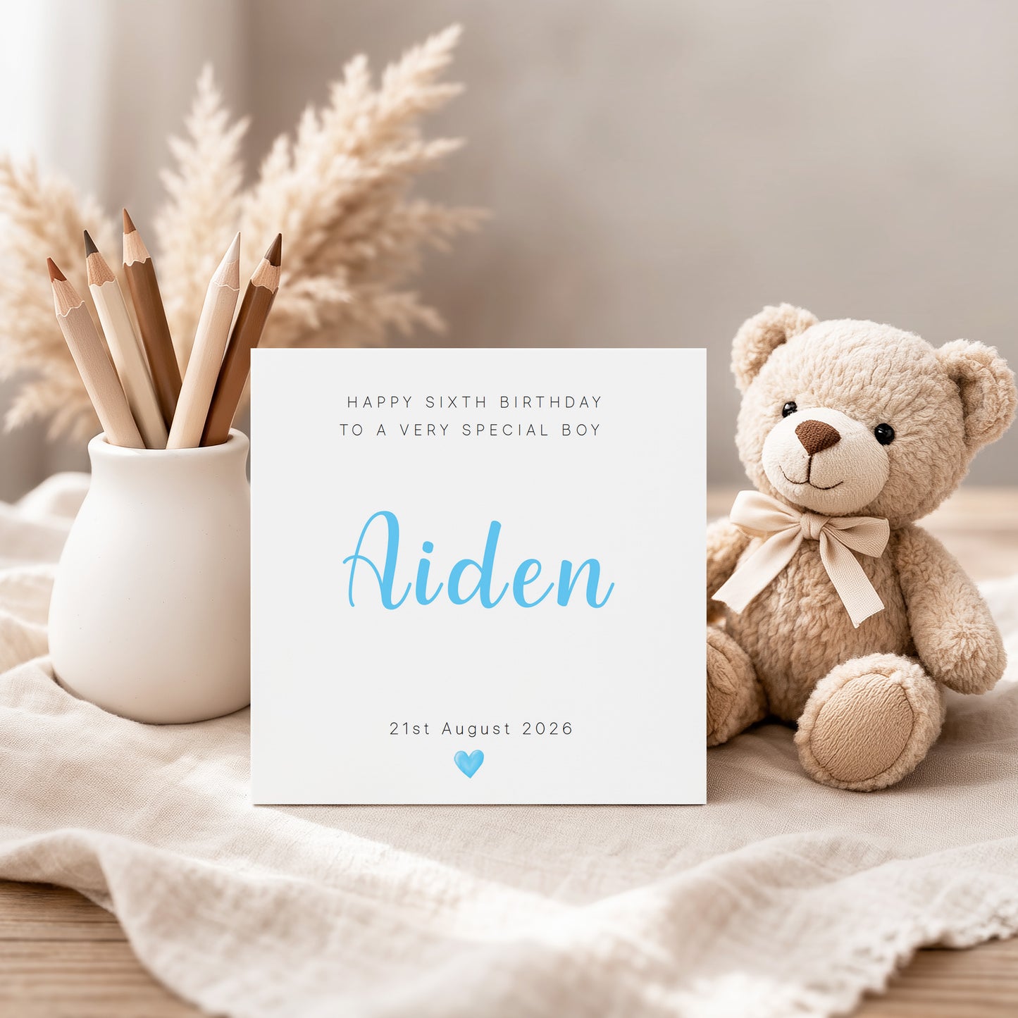 Personalised 6th Birthday Card for Boys – Minimalist Design with Custom Name, Birthday and Message, Age 6 Years Old Birthday Card for Kids, Children, Boy, Son, Grandson, Nephew– Blue Envelope Included
