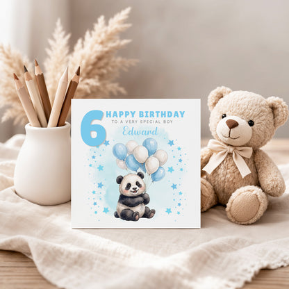 Personalised 6th Birthday Card for Boys – Cute Panda Design with Custom Name and Message, Age 6 Years Old Birthday Card for Kids, Children, Boy, Son, Grandson, Nephew– Blue Envelope Included