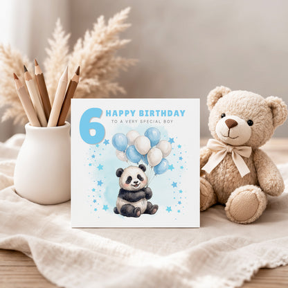 Happy 6th Birthday Card for Boys – Cute Panda Design - Age 6 Years Old Birthday Card for Kids, Children, Boy, Son, Grandson, Nephew– Blue Envelope Included