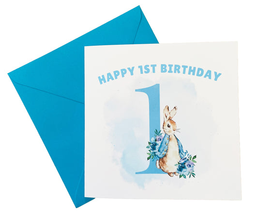 Blue Rabbit - 1st Birthday Card for Baby Boy – Cute Rabbit with a big Number 1 Design – Watercolour First Birthday Card for Son, Grandson, Nephew – Blue Envelope Included