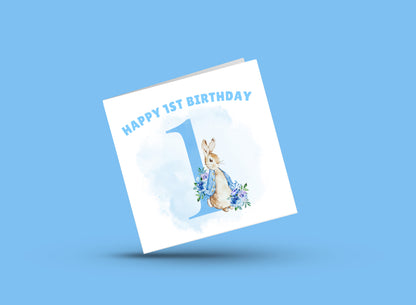 Blue Rabbit - 1st Birthday Card for Baby Boy – Cute Rabbit with a big Number 1 Design – Watercolour First Birthday Card for Son, Grandson, Nephew – Blue Envelope Included