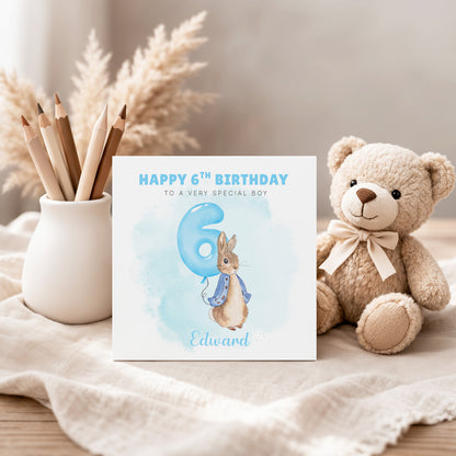 Personalised 6th Birthday Card for Boys – Cute Rabbit Design with Custom Name and Message, Age 6 Years Old Birthday Card for Kids, Children, Boy, Son, Grandson, Nephew– Blue Envelope Included