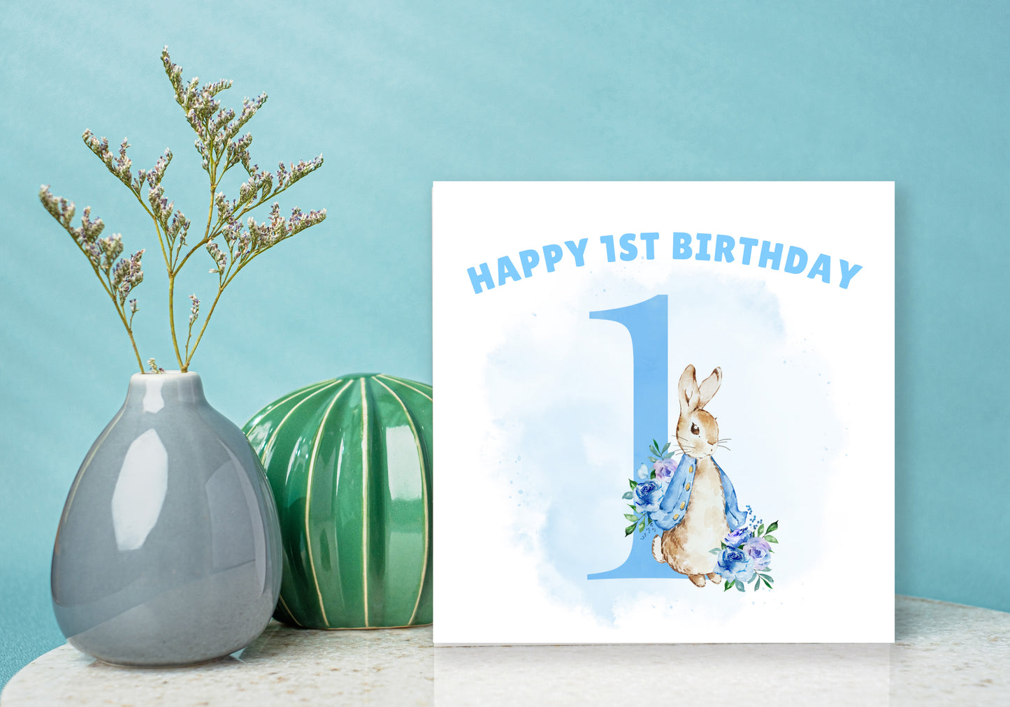 Blue Rabbit - 1st Birthday Card for Baby Boy – Cute Rabbit with a big Number 1 Design – Watercolour First Birthday Card for Son, Grandson, Nephew – Blue Envelope Included