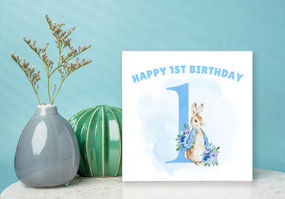 Blue Rabbit - 1st Birthday Card for Baby Boy – Cute Rabbit with a big Number 1 Design – Watercolour First Birthday Card for Son, Grandson, Nephew – Blue Envelope Included