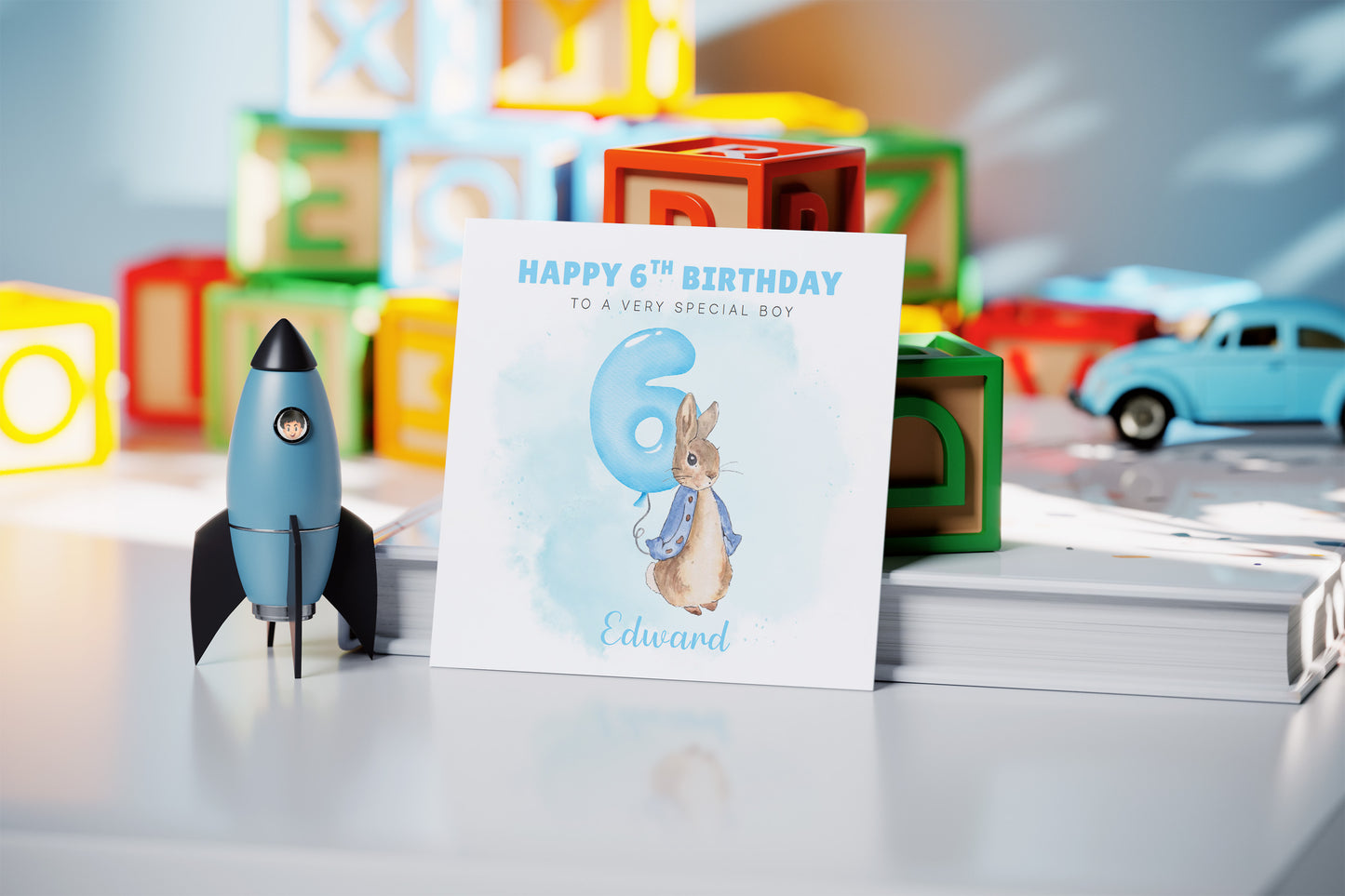 Personalised 6th Birthday Card for Boys – Cute Rabbit Design with Custom Name and Message, Age 6 Years Old Birthday Card for Kids, Children, Boy, Son, Grandson, Nephew– Blue Envelope Included