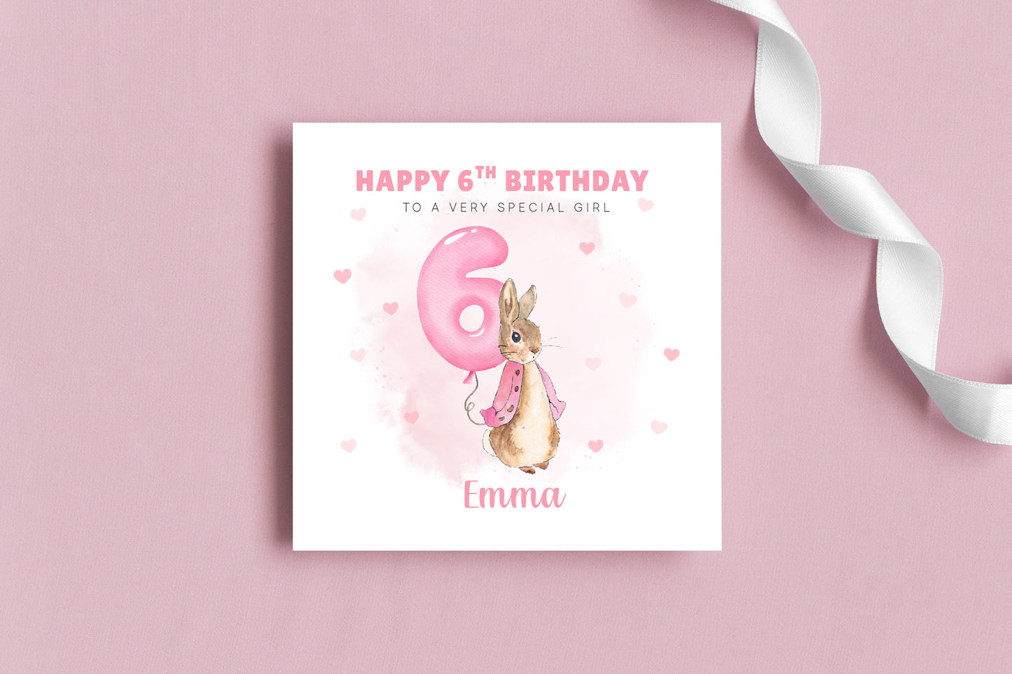 Personalised 6 Years Old 6th Birthday Card for Girls – Cute Rabbit with Custom Name & Message - Age 6 Birthday Card for Kids Children Daughter Granddaughter Niece - Pink Envelope Included