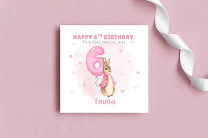 Personalised 6 Years Old 6th Birthday Card for Girls – Cute Rabbit with Custom Name & Message - Age 6 Birthday Card for Kids Children Daughter Granddaughter Niece - Pink Envelope Included