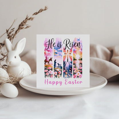 Christian Happy Easter Card – He Is Risen - Religious Easter Card with Cross and Sunrise Design– Faith Easter Greeting Card for Church, Christians, Friends, Family, Loved Ones - Pink Envelope Included