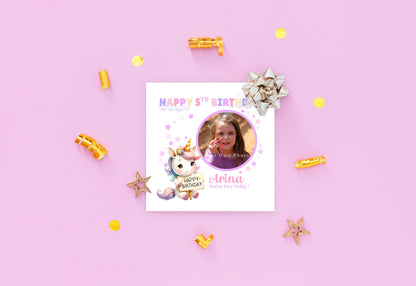 Personalised Photo 5 Years Old 5th Birthday Card for Girls – Unicorn Design with Custom Photo & Name for Age 5 Years Old Kid, Daughter, Granddaughter, Niece -  Purple Envelope Included
