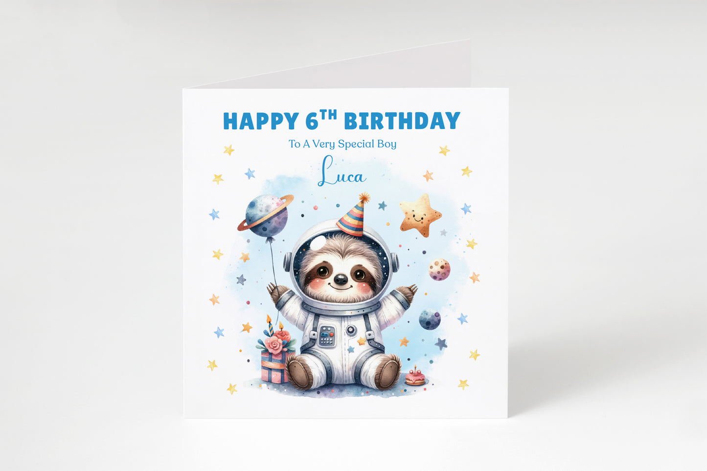 Personalised 6th Birthday Card for Boys – Cute Sloth Design with Custom Name and Message, Age 6 Years Old Birthday Card for Kids, Children, Boy, Son, Grandson, Nephew– Blue Envelope Included