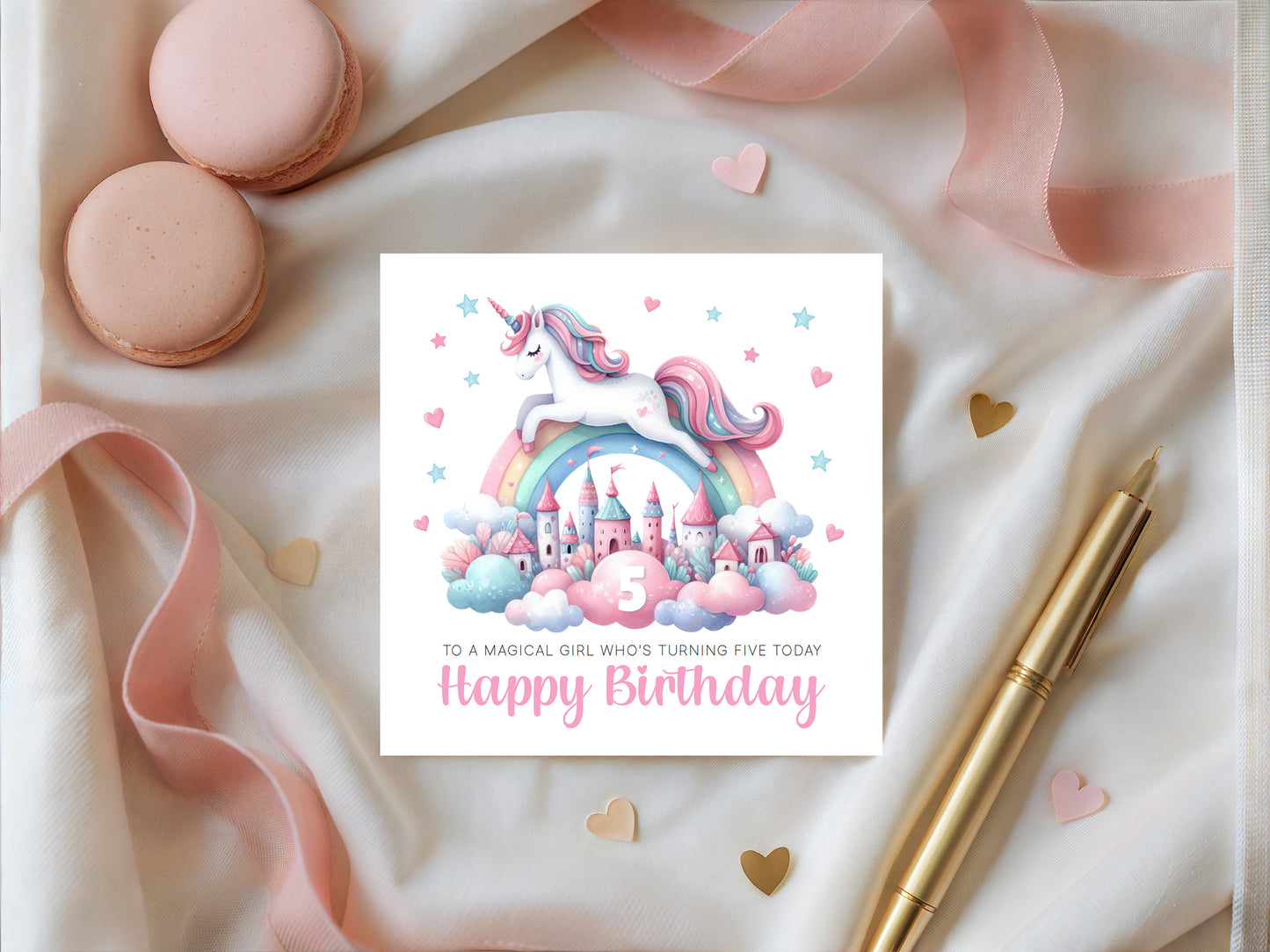 Magical Unicorn Happy Birthday Card Age 5, 5th Birthday 5 Years Old, Fifth Birthday Card for Magical Girls,  Kids, Children, Daughter, Granddaughter, Niece - Pink Envelope Included