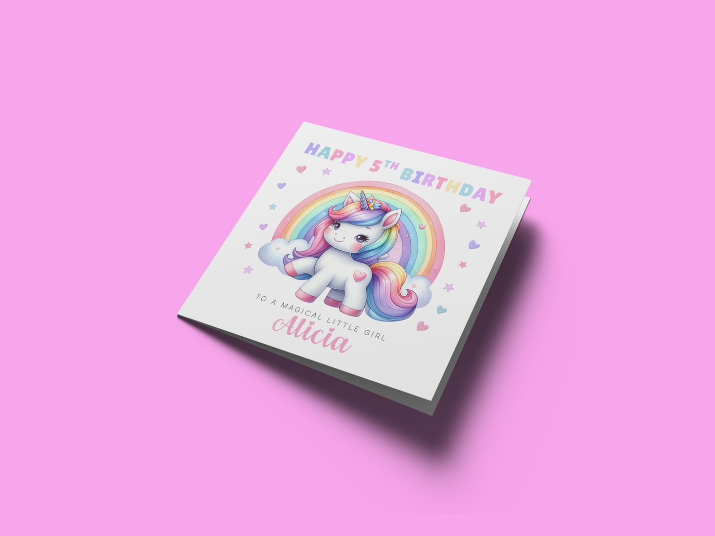 Personalised 5 Years Old 5th Birthday Card for Girls – Magical Unicorn Design with Custom Name & Message - Age 5 Birthday Card for Kids Children Daughter Granddaughter Niece - Purple Envelope Included