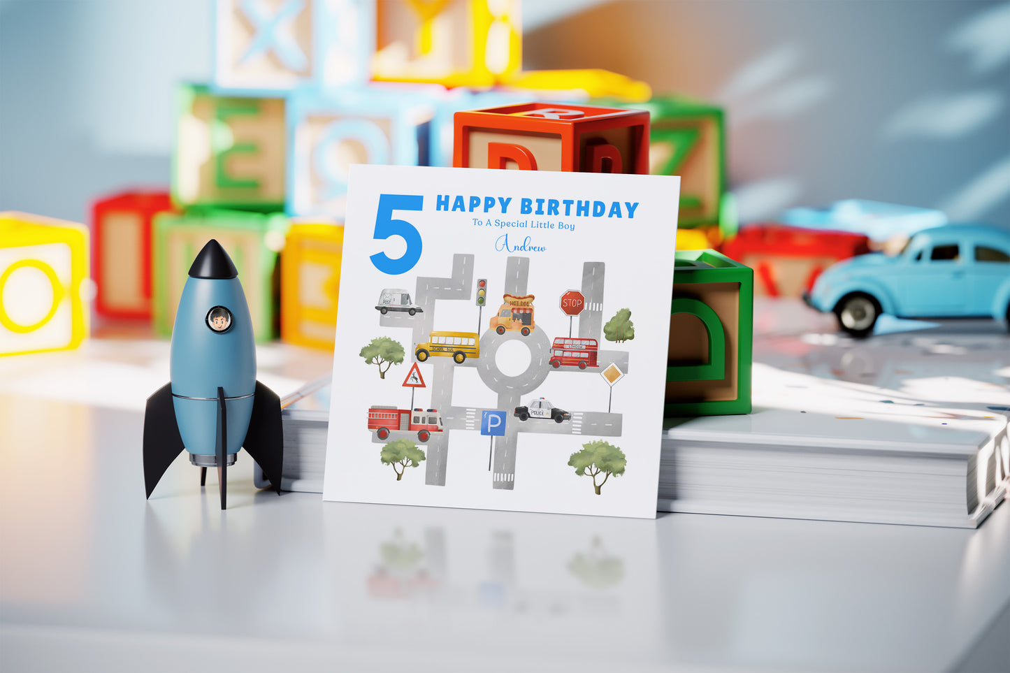 Personalised 5th Birthday Card for Boys – Cars, Transport Theme with Custom Name and Message, Age 5 Years Old Birthday Card for Kids, Children, Boy, Son, Grandson, Nephew – Blue Envelope Included