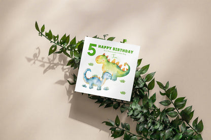 Personalised 5th Birthday Card for Boys – Dinosaur Design with Custom Name & Message for Age 5 Years Old, Fifth Birthday Kids, Son, Grandson, Nephew –  Green Envelope Included