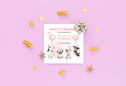 Personalised 5th Birthday Card for Girls – Cute Puppy Dogs Design with Custom Name and Message – Age 5 Years Old Birthday Card for Girls, Kids, Daughter, Granddaughter, Niece – Pink Envelope Included