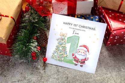 Personalised 1st Christmas Card for Baby Boy – Cute Santa and Christmas Tree Design with Customised Name & Message, Watercolor First Xmas Card for Son, Grandson, Nephew - Green Envelope Included