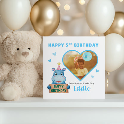 Personalised Photo 5th Birthday Card for Boys – Hippo & Heart Frame with Custom Photo, Name & Message, Age 5 Years Old Fifth Birthday Card for Kids, Son, Grandson, Nephew –  Blue Envelope Included
