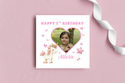 Personalised Photo 5 Years Old 5th Birthday Card for Girls – Unicorn Design, Heart Photo Frame with Custom Photo & Name for Age 5 Years Old Kid, Daughter, Granddaughter, Niece with Pink Envelope