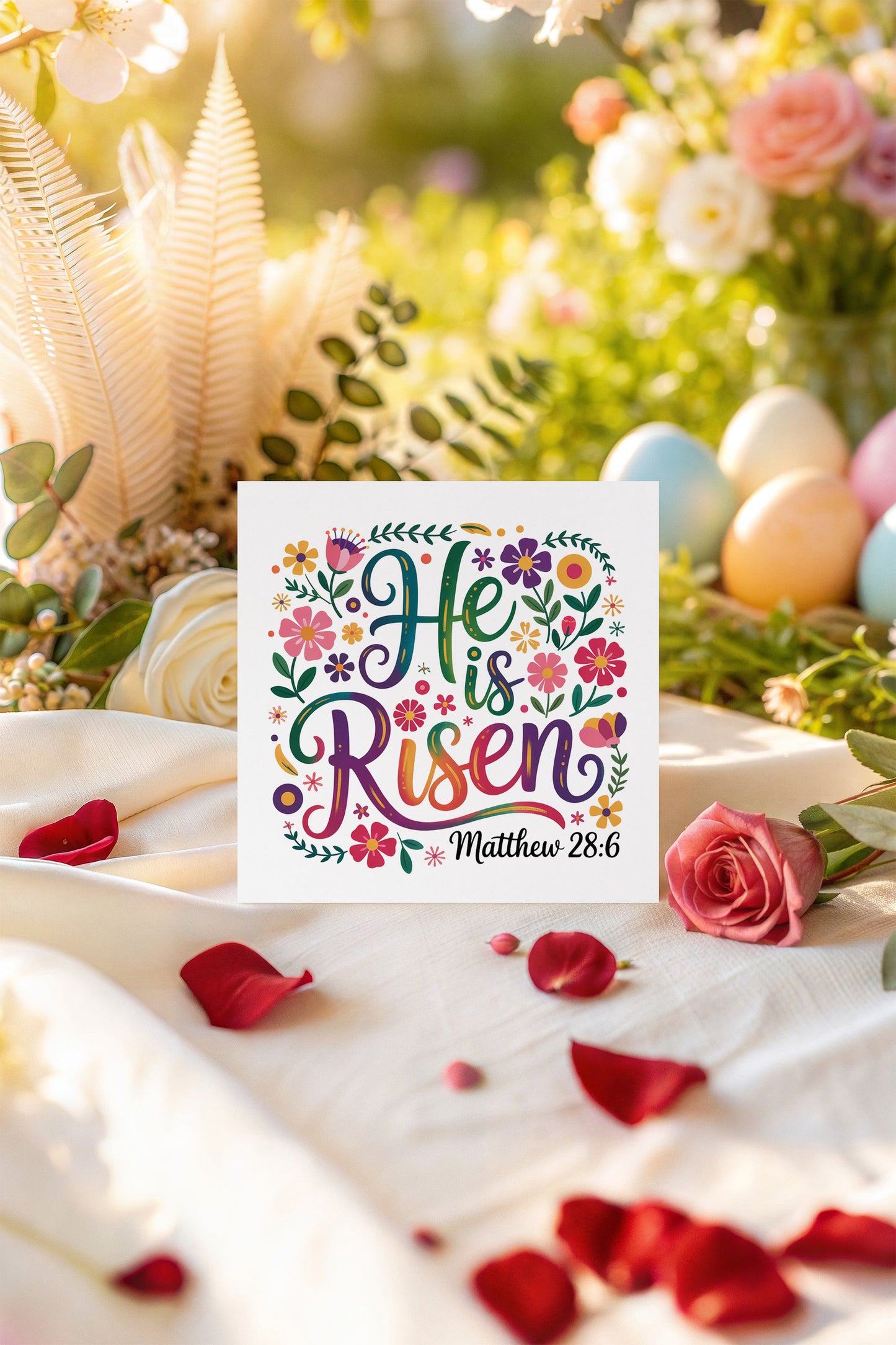 Christian Happy Easter Card – He Is Risen - Religious Easter Card - Floral Resurrection Faith Easter Greeting Card for Church, Christians, Friends, Family, Loved Ones - Yellow Envelope Included