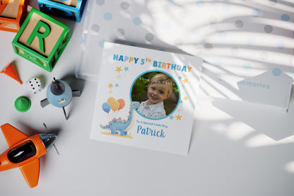 Personalised Photo 5th Birthday Card for Boys – Diplodocus Dinosaur Design with Custom Photo, Name & Message for Age 5 Years Old, Fifth Birthday Kids, Son, Grandson, Nephew –  Blue Envelope Included