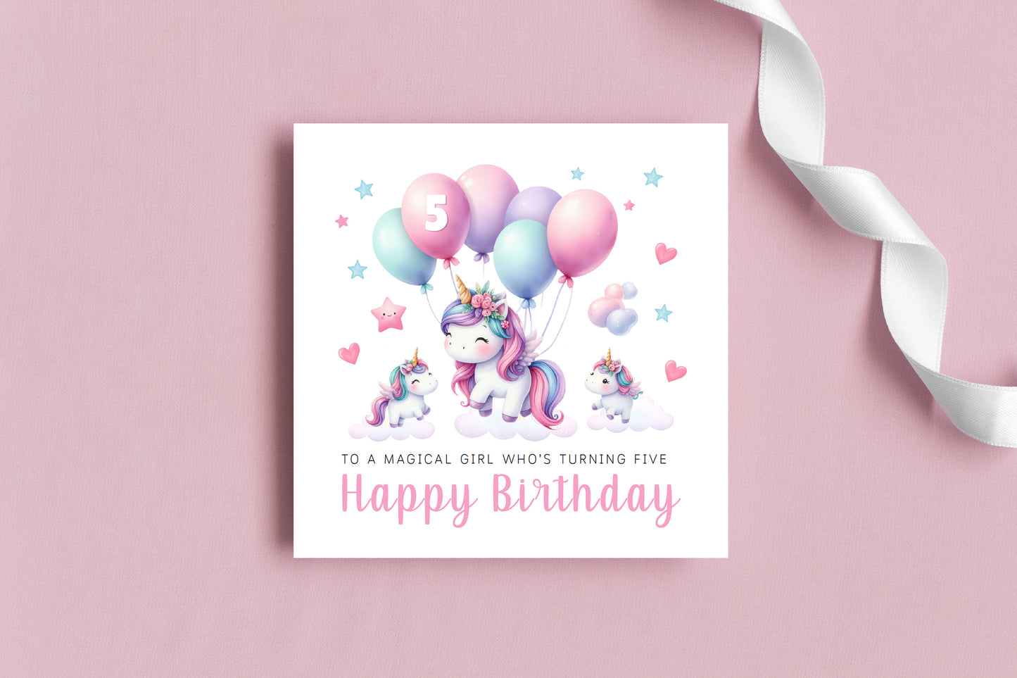 Magical Unicorn Happy Birthday Card Age 5, 5th Birthday 5 Years Old, Fifth Birthday Card for Magical Girls,  Kids, Children, Daughter, Granddaughter, Niece - Pink Envelope Included