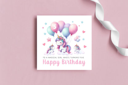 Magical Unicorn Happy Birthday Card Age 5, 5th Birthday 5 Years Old, Fifth Birthday Card for Magical Girls,  Kids, Children, Daughter, Granddaughter, Niece - Pink Envelope Included