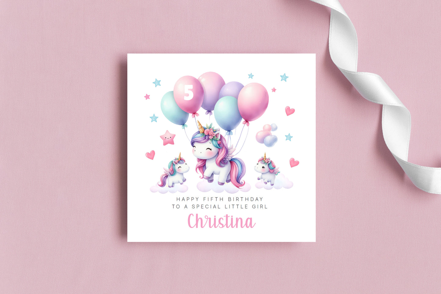 Personalised 5 Years Old 5th Birthday Card for Girls – Magical Unicorn Design with Custom Name & Message - Age 5 Birthday Card for Kids Children Daughter Granddaughter Niece - Pink Envelope Included
