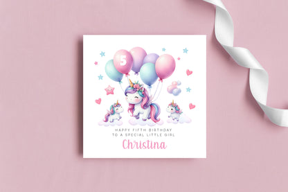 Personalised 5 Years Old 5th Birthday Card for Girls – Magical Unicorn Design with Custom Name & Message - Age 5 Birthday Card for Kids Children Daughter Granddaughter Niece - Pink Envelope Included