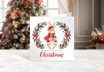 Merry Christmas Card for Girls – Festive Bunny and Xmas Wreath