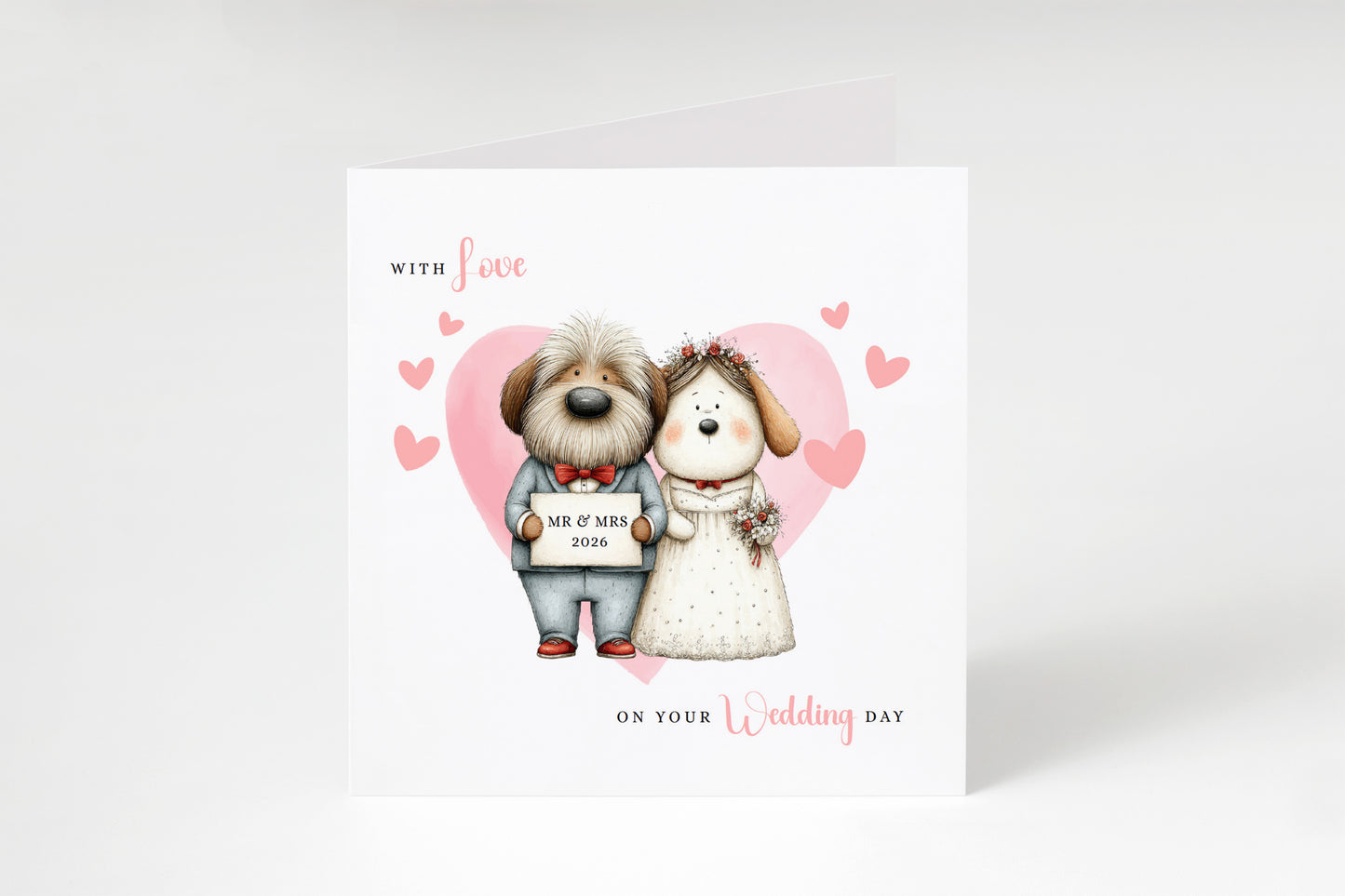 Cute Dog Wedding Card – Wedding Congratulations Card – Adorable Animal Wedding Card – Romantic Wedding Day Card for Newlywed couples, Dog Lovers, Him or Her – Pink Envelope Included